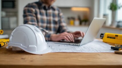 Architect at Work: A diligent architect is engrossed in their work, surrounded by blueprint, tools, and a protective hard hat, symbolizing a commitment to precision and safety.