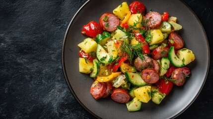 A bowl holds a colorful mix of diced vegetables and sausage pieces. The light shines on the plate showing the fresh ingredients clearly. This meal is ready to eat.