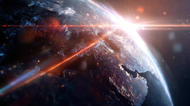 A Glimpse of our Planet: The photograph showcases the Earth, revealing the dawn's first light bursting across the horizon, illuminating the atmosphere and continents.