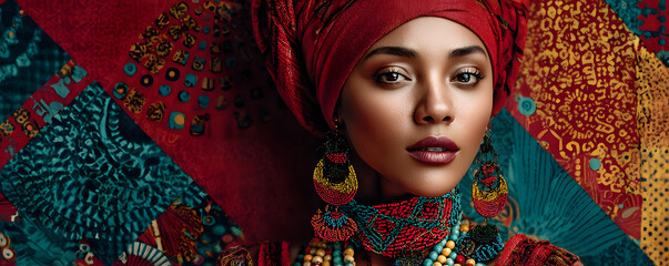 African woman wearing red head wrap and colorful beaded jewelry against bold pattern background. Cultural identity concept