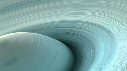 Detailed 3D macro view of elegant planetary rings and smooth spherical surface texture in a calm mint green palette.