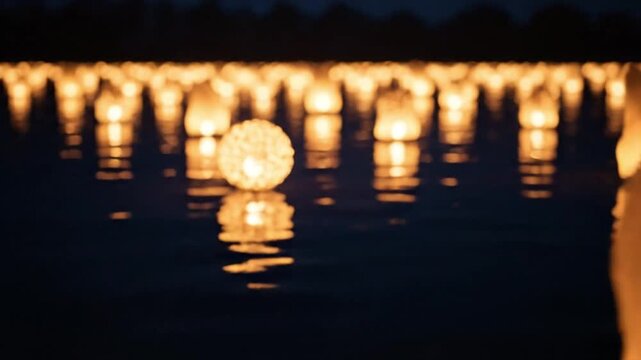 Ai generated floating lanterns at night generative ai artwork tranquil water environment serene viewpoint