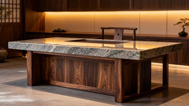 Modern wooden table with stone top in interior