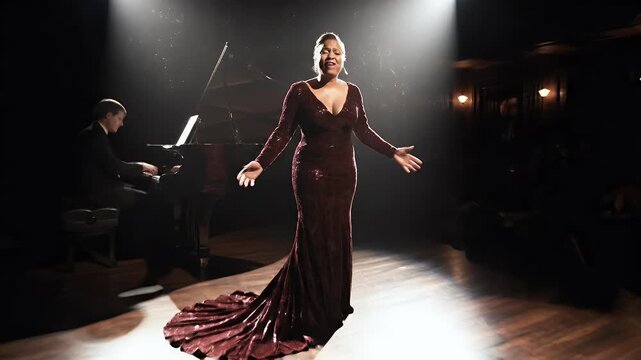 Elegant Black Woman in Red Dress Singing Opera on Dramatic Stage with Backlight