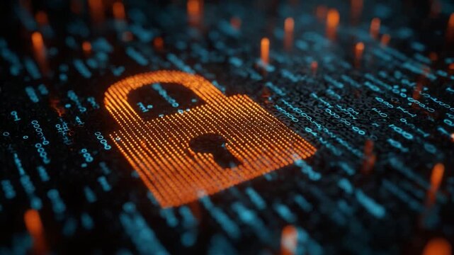 Cybersecurity Lock: An illuminated lock symbol, signifying data protection and digital security, is showcased against a backdrop of intricate digital patterns and code.