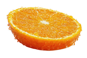 Fresh orange slice with droplets, showcasing vibrant color and texture.