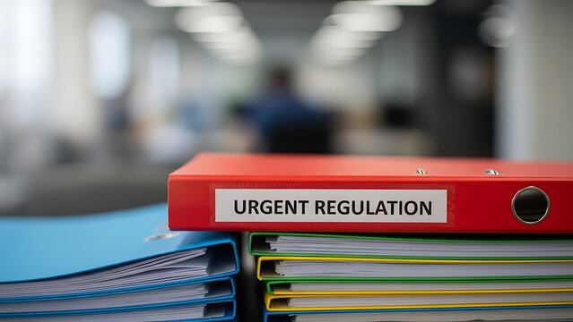 A red binder with 'Urgent Regulation' label prominently displayed in an office setting, representing critical compliance, administrative urgency, and immediate action