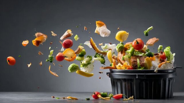 Waste and Sustainability: A vivid display of food waste and compostable items. A powerful visual illustrating the importance of waste reduction and environmental responsibility