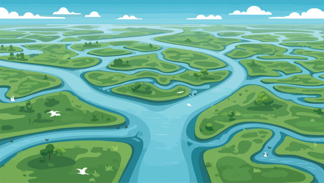 An expansive aerial illustration of a vibrant wetland ecosystem featuring numerous verdant islands intricately carved by meandering azure river