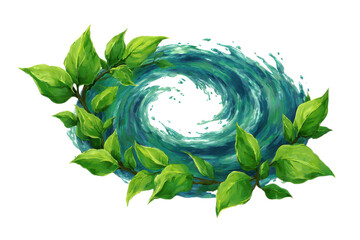 A vibrant swirl of water surrounded by fresh green leaves.