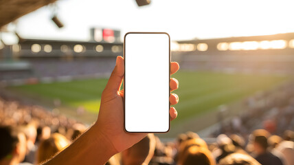 Phone with a white screen at a stadium during a sports event.