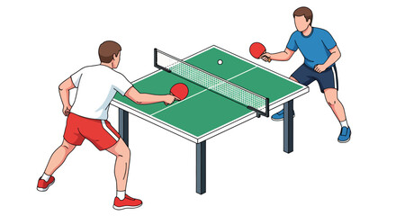 Two men playing an intense game of table tennis on a green ping pong table indoors.