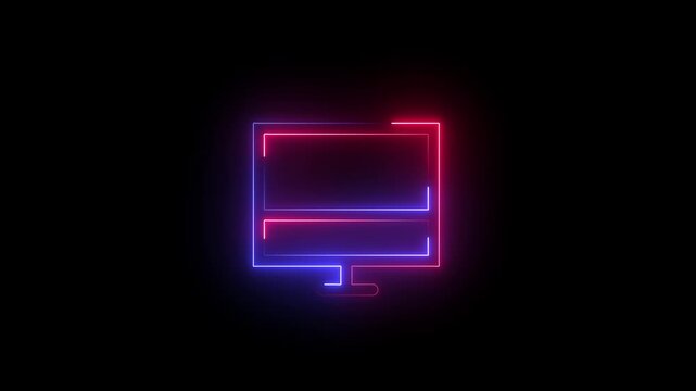 Neon outline of a computer monitor with blue and pink glowing lines on a black background screen display