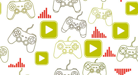 Seamless pattern with game controllers, play buttons, and audio equalizer icons in modern style.