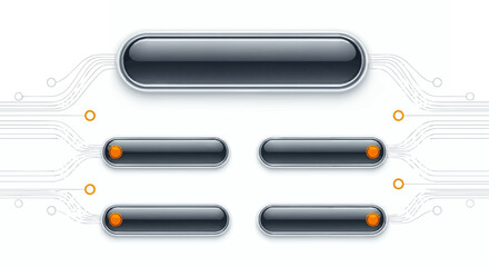 Futuristic digital interface buttons with circuit board elements and glowing accents.