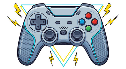 Colorful illustration of a modern video game controller with geometric and lightning elements.