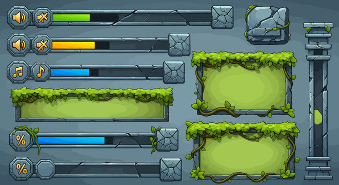 Cartoon stone and moss user interface elements for fantasy adventure games.