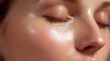 Fototapeta premium Close-Up of Serene Female Face with Glowing Skin and Relaxed Expression Captured in Natural Light