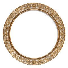 Ornate round picture frame with intricate golden detailing.