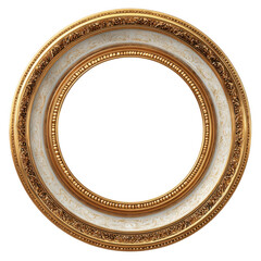 Elegant round gold-framed mirror with intricate detailing and a blank center.