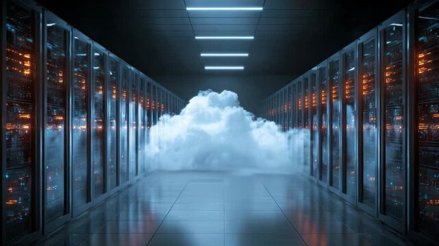 Cloud Technology and Data Center: A dynamic visualization of cloud computing, showcasing server racks in a data center setting, underscored by a brilliant cloud formation.