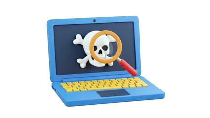 Laptop with Skull and Crossbones Icon and Magnifying Glass
