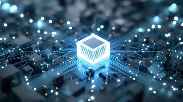 Cybernetic Cube of Tomorrow: A radiant, futuristic cybernetic cube pulsates with an ethereal glow, embedded within a complex network of circuits and digital connections.