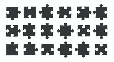 Set of isolated black jigsaw puzzle pieces arranged in three rows on a white background.