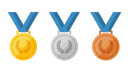 Gold, silver, and bronze medals with blue ribbons displayed side by side on a white background.