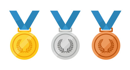 Gold, silver, and bronze medals with blue ribbons representing first, second, and third place awards.
