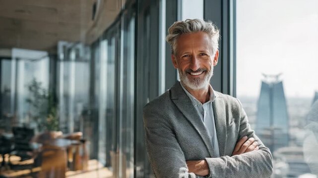 Confident Executive in Modern Office: A distinguished executive, radiates confidence as he stands, arms crossed, overlooking a bustling cityscape through panoramic windows.