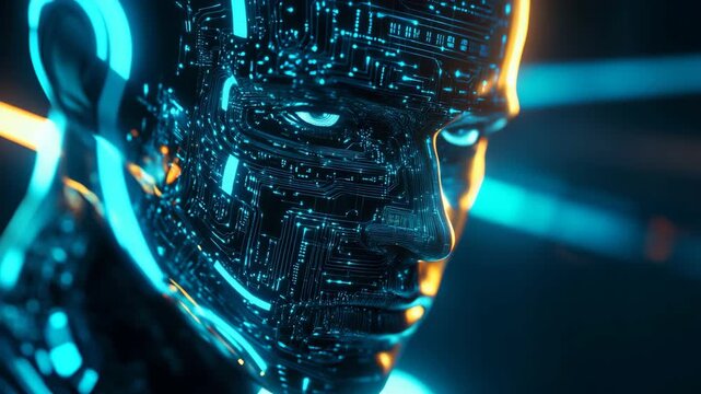 A cuttingedge futuristic male android featuring intricate circuit design, seamlessly integrated within a vast and complex cyberspace environment that reflects the latest in technology and innovation