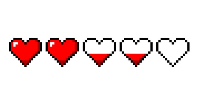 Pixel art style five heart icons with varying fill levels representing rating or health.