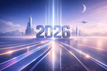 A futuristic abstract pathway visualizes visionary goals and technological evolution guiding the future toward 2026