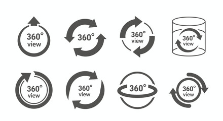 Set of black 360 degree view icons with circular arrows for virtual reality and panoramic concepts.
