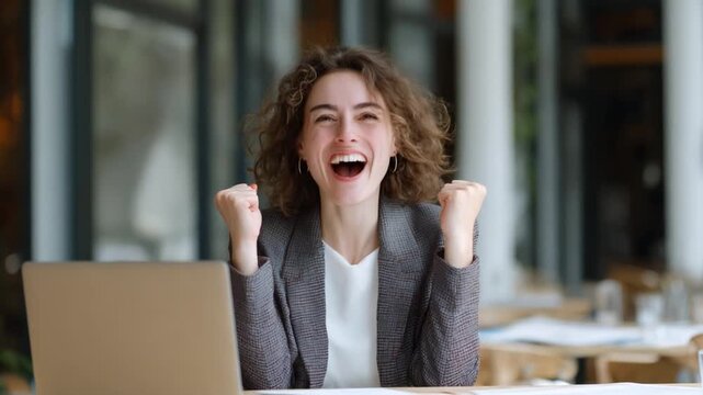 Joyful Entrepreneur: A delighted business person celebrates a victory, her fists clenched in elation before her laptop. Capturing the thrill of accomplishment
