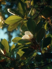 Magnolia Blossom Surrounded by Lush Green Leaves Bathed in Soft Natural Light Capturing the Beauty of Nature&rsquo;s Details