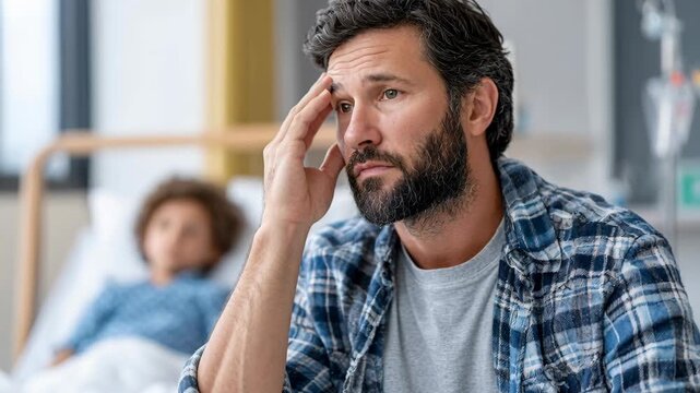 A concerned father touches his forehead while looking at his child lying in a hospital bed with worry and sadness.