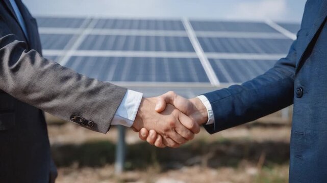 Eco-Friendly Handshake: A powerful handshake seals a deal in front of a renewable energy array, symbolizing sustainable business and collaboration. 