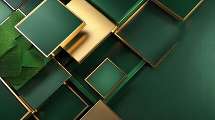 Abstract Composition of Green and Gold Geometric Shapes with Textured Elements for Modern Design Inspiration