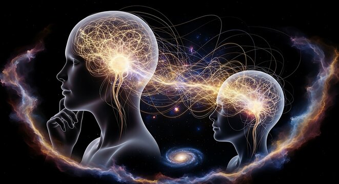 Conceptual art depicting two human profiles with glowing energy connections, illustrating thought transfer and intellectual connection
