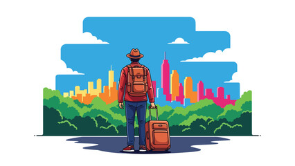 Modern vector illustration of traveler with suitcase looking at city skyline, lifestyle travel concept ideal for tourism, business travel, relocation, and destination marketing