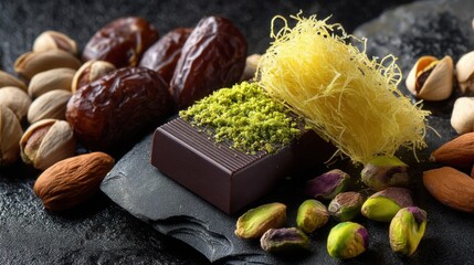 A dessert display features chocolate with nuts and dates placed on a dark surface. Yellow strands add decoration to the presentation. Natural light highlights the details.