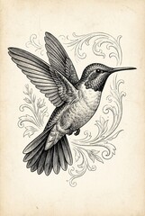 Obraz premium Elegant engraving of a hummingbird framed by delicate floral patterns featuring craftsmanship in vintage style