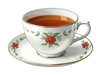 Beautiful teacup and saucer set filled with hot tea, adorned with elegant red floral patterns and delicate gold trim, perfect for a relaxing break.