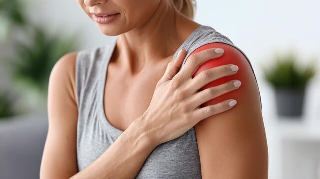 A woman is holding her shoulder in pain. The shoulder is highlighted in red to indicate discomfort.