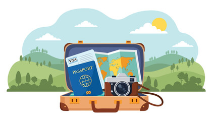Modern vector illustration of travel essentials set including suitcase, passport, camera, and map, ideal for tourism marketing and travel preparation content