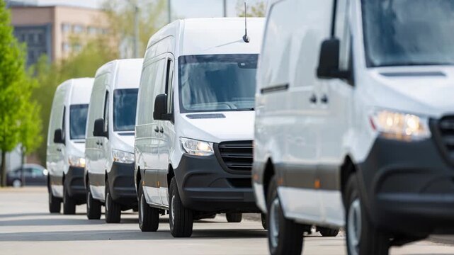 A line of white delivery vans driving down a suburban street with trees and buildings in the background.