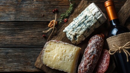 Different types of cheese and cured meat are placed on a wooden board next to a bottle of wine. This setup is ready for tasting at a gathering.