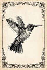 Obraz premium Engraved hummingbird in vintage style captures the beauty of nature's delicate marvel